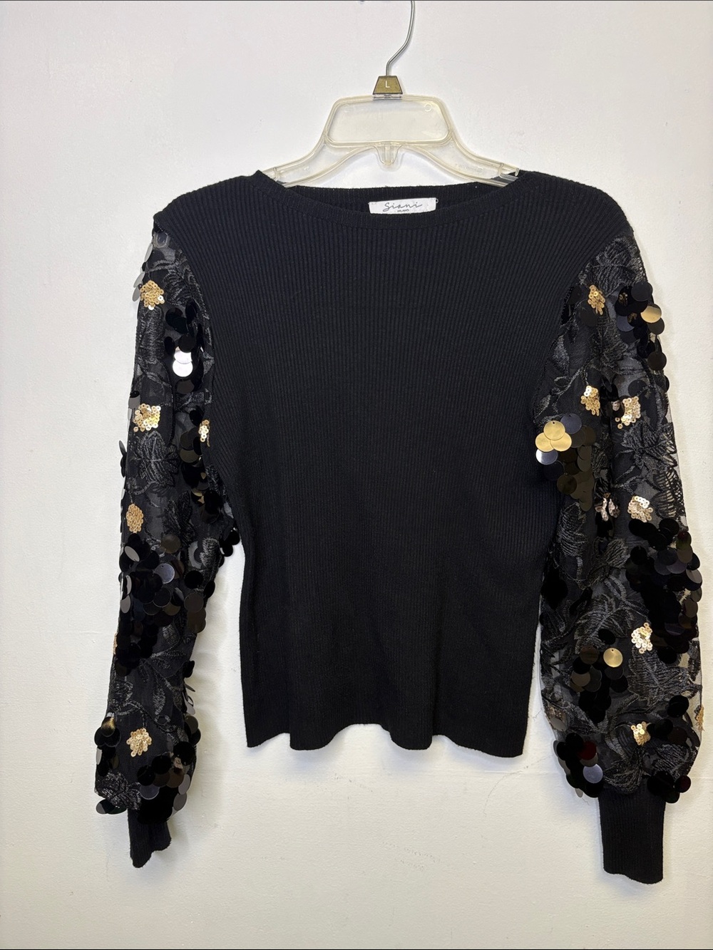 Black Sequin Sleeve Ribbed Knit Top by St. John?